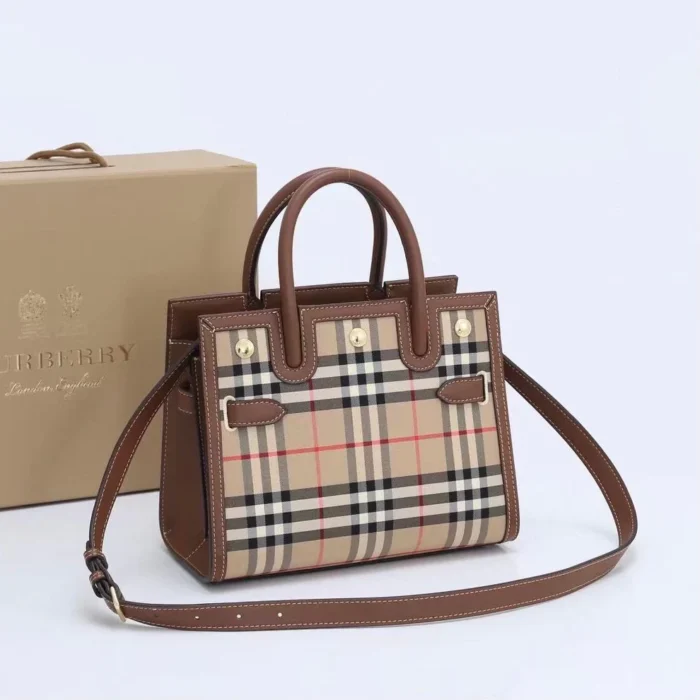 ⁦Burberry Mini Tote Leather and Vintage Check Bag⁩ - الصورة ⁦2⁩